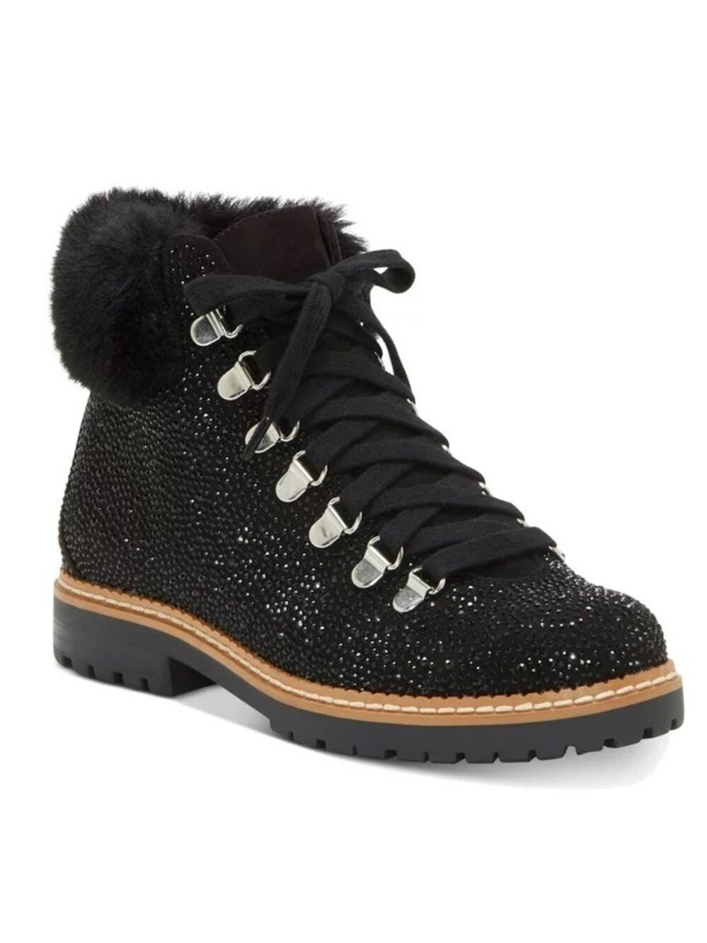 NEW INC Women’s PRAVALE 3 EMBELLISHED TEXTURED LACE-UP BOOT Black Bling 6